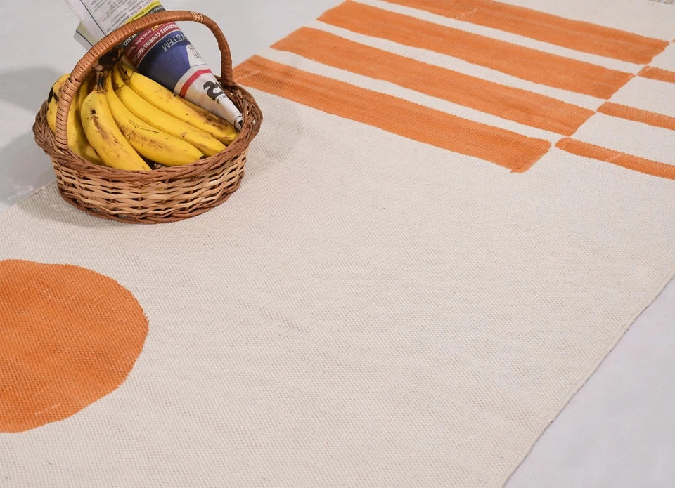 Orange Cotton Area Rug, Boho Accent Modern Cotton Dhurrie Handmade Rug, Door Mat - Image 3 of 4