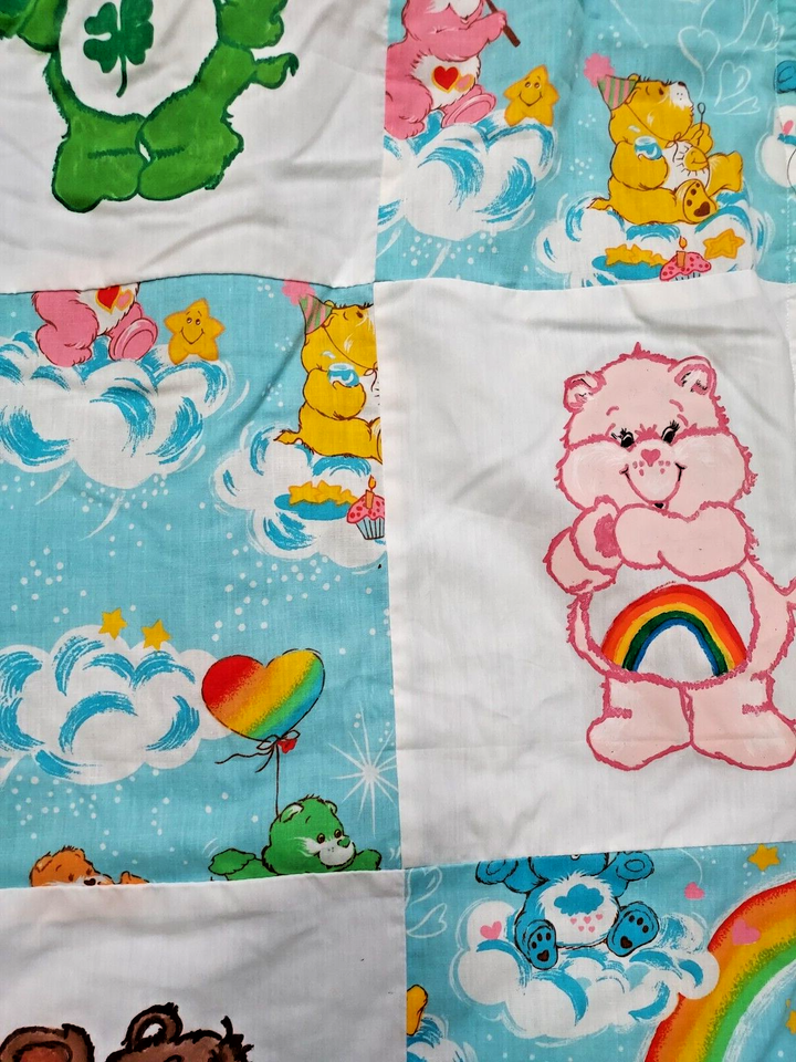 Handmade Baby Quilt Throw Painted Care Bears Teal Blue Pink Reversible