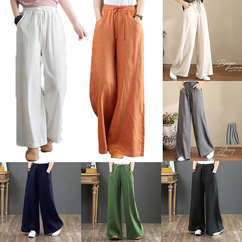 Womens Loose Cotton Linen Wide Leg Pants Ladies Holiday Pockets Trousers Bottoms