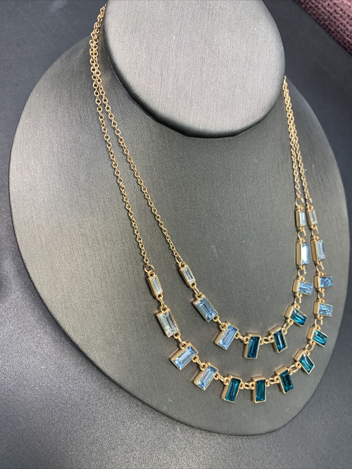 Vintage Necklace Pendant Layered Gold Blue Rhines… - image 9