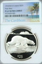 1993 B V ISLANDS SILVER 25 DOLLARS POLAR BEAR NGC PF 67 ULTRA CAMEO RARE TOP POP
