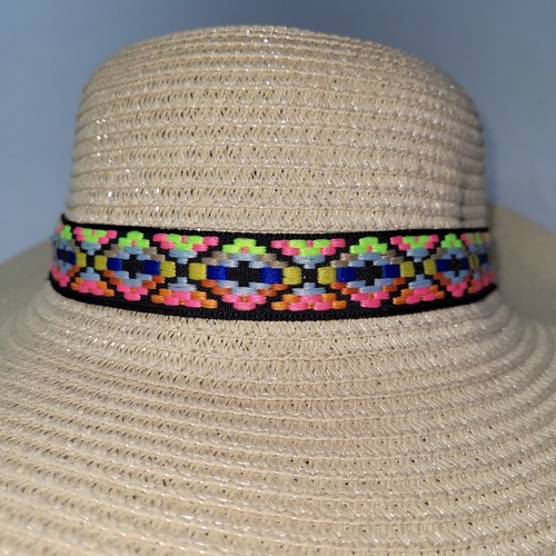 Sombrero Mujer Crema Marfil Bandas Ala Ancha Sombrero para Sol Informal Exterior Playa Piscina - Imagen 2 de 5