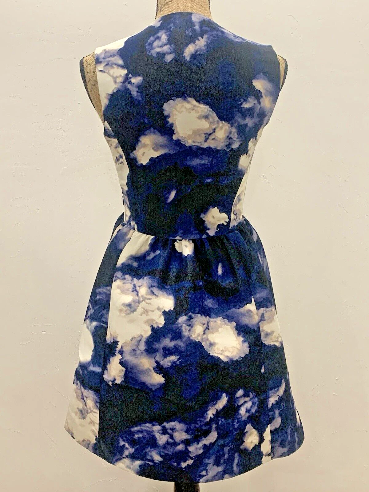 Abito Kate Spade New York blu crepuscolo Joss stampa nuvola gonna a campana zip anteriore taglia 2