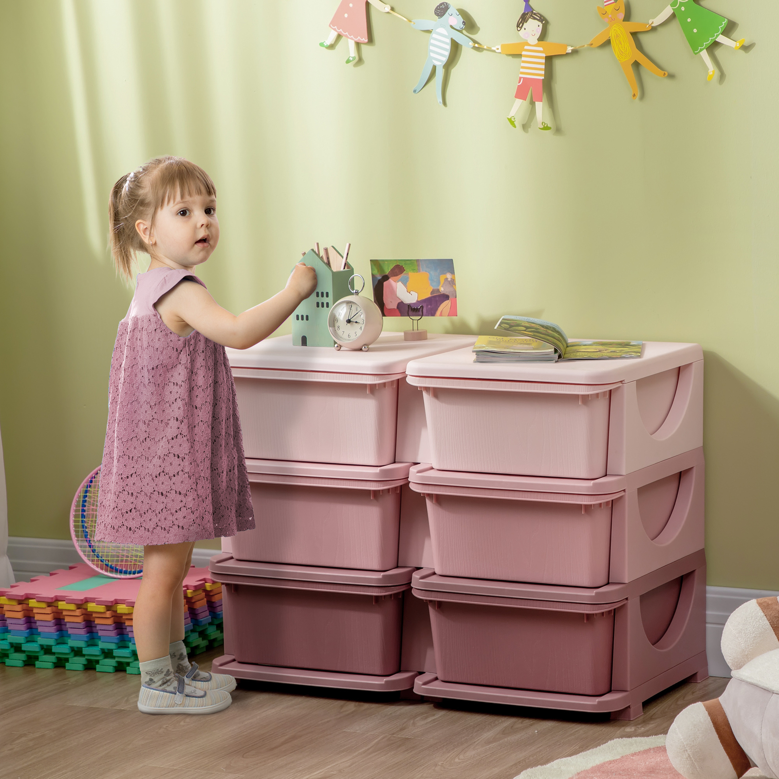 Kids bedroom Storage Unit Toy Box Vertical Dresser with Six Drawers Pink HOMCOM