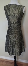 50s 60s VTG Bronze Gold Brocade Cocktail Dress Boatneck Sleeveless Fit Flare S