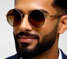 Clear Eye Glasses Gold Round Woody Hip Hop Sophisticated Retro Classy Sunglasses