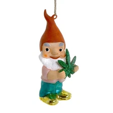 GNOME w POT LEAF CHRISTMAS TREE ORNAMENT 5.5" Glass Funny Cannabis Holiday NEW