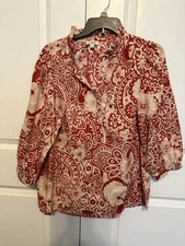 UMGEE Women’s Vintage Blouse Size L 3/4 Puff Sleeves Floral Pullover 100% Cotton