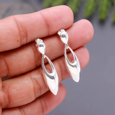 925 Sterling Silver Sleek Teardrop Drop Women Party Wear Earrings