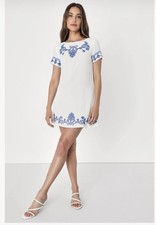 Lulus Tale to Tell Blue Embroidered White Shift Dress Women’s Medium