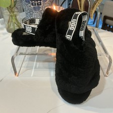 NWOT- UGG Fluff Yeah Womens Slide Slipper Sz 5 Black Sheepskin Elastic Slingback