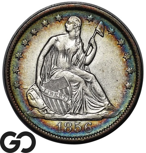 1856 Seated Liberty Half Dollar, Gorgeous Peripheral Rainbow Color, Choice AU+