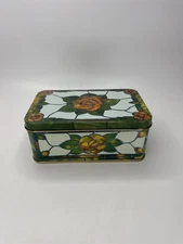 Vtg Metal Tin Stained Glass Rose Floral Trinket Storage Box Decorative
