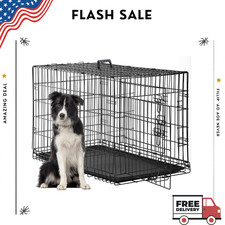 NEW Dog Crate 48 Inch Folding Metal Wire Cage Double Door Divider Tray Black
