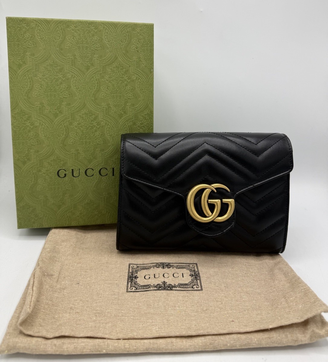 GUCCI GG Marmont Chain Shoulder Wallet Bag 474575 Black Leather