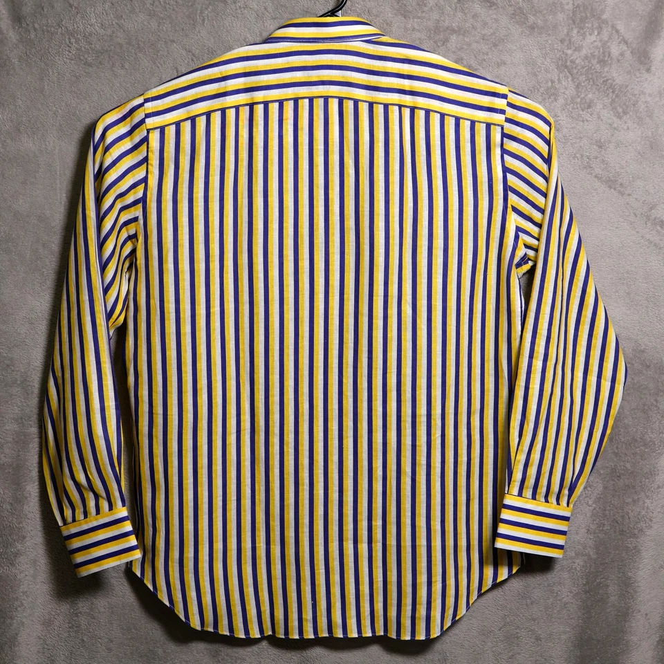 Cordone Shirt Mens 18 45 Yellow Blue Stripe Linen Long Sleeve Made in Italy - Image 3 of 4