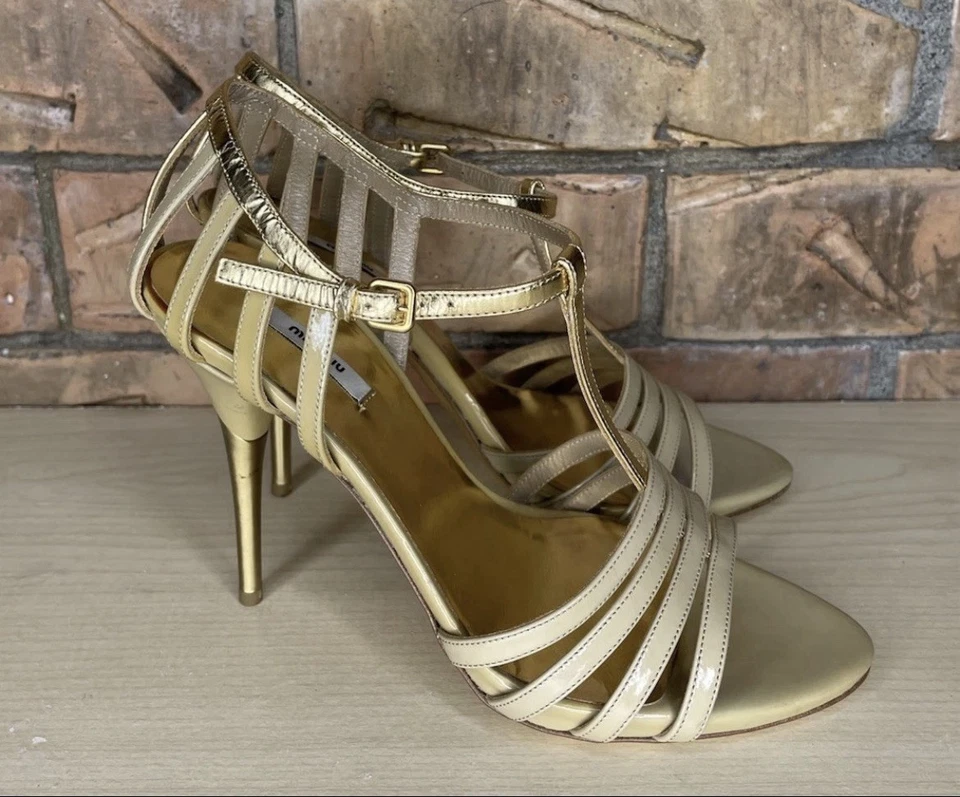 Miu Miu Womens Gold Glamour Cammello T Strap Cage Heel Sandals Size 35 - Image 4 of 4