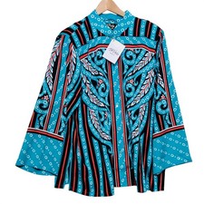 Bob Mackie Blouse Women XL Blue New Graphic Print Mandarin Collar Button Front