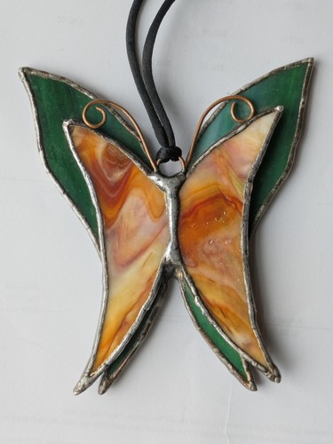 Vintage Large Stained Glass Butterfly Pendant - Handmade