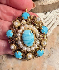 Pendentif pâte de verre bleu perles filigrane plaqué or style Art Déco ancien