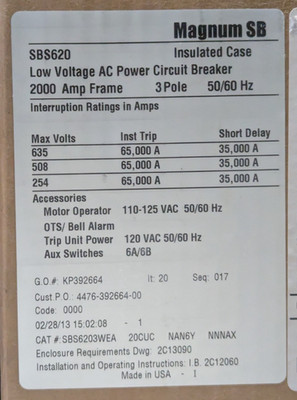 EATON CUTLER-HAMMER MAGNUM SB SBS6203WEA 2000AMP LOW VOLTAGE AC CIRCUIT BREAKER