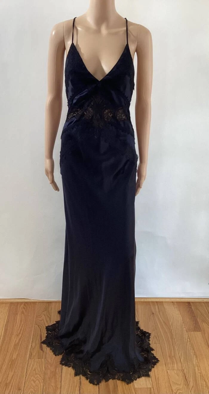 ABITO VERSACE VINTAGE INSERTO IN PIZZO A IMMERSIONE POSTERIORE APERTA SETA BLU SCURO TAGLIA 40