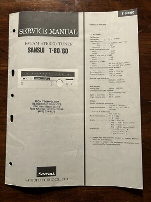 Sansui T-80 T-60 FM/AM Stereo Tuner Service Manual Vintage