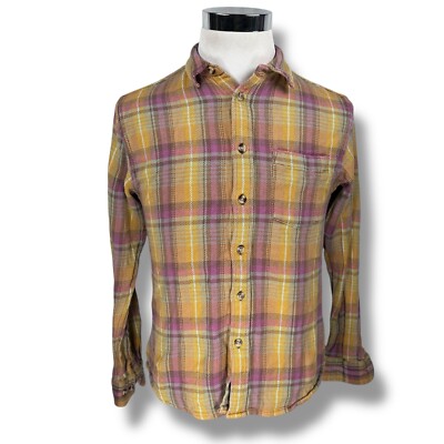 Corridor NYC Flannel Shirt Men s Small Golden Yellow Pink Plaid Cotton Button Up