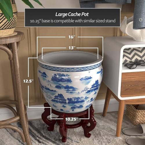 Vintage-Inspired 16" Handmade Porcelain Fishbowl Cachepot with Oriental Design - Picture 6 of 8