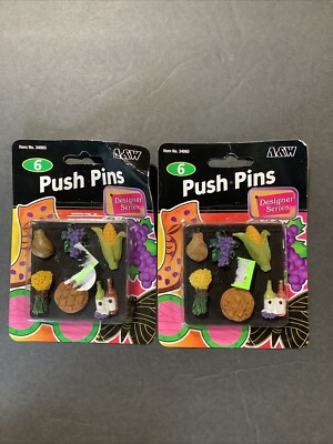 A&W 2 Push Pins Sets Designer Series Flowers Wine Grapes Bread Corn NOS BX7