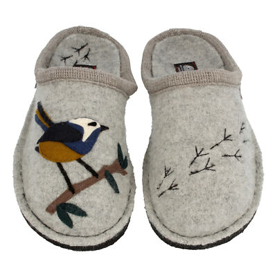 HAFLINGER Flair Songbird Hausschuhe aus gewalkter Wolle mit Vogelmotiv Unisex