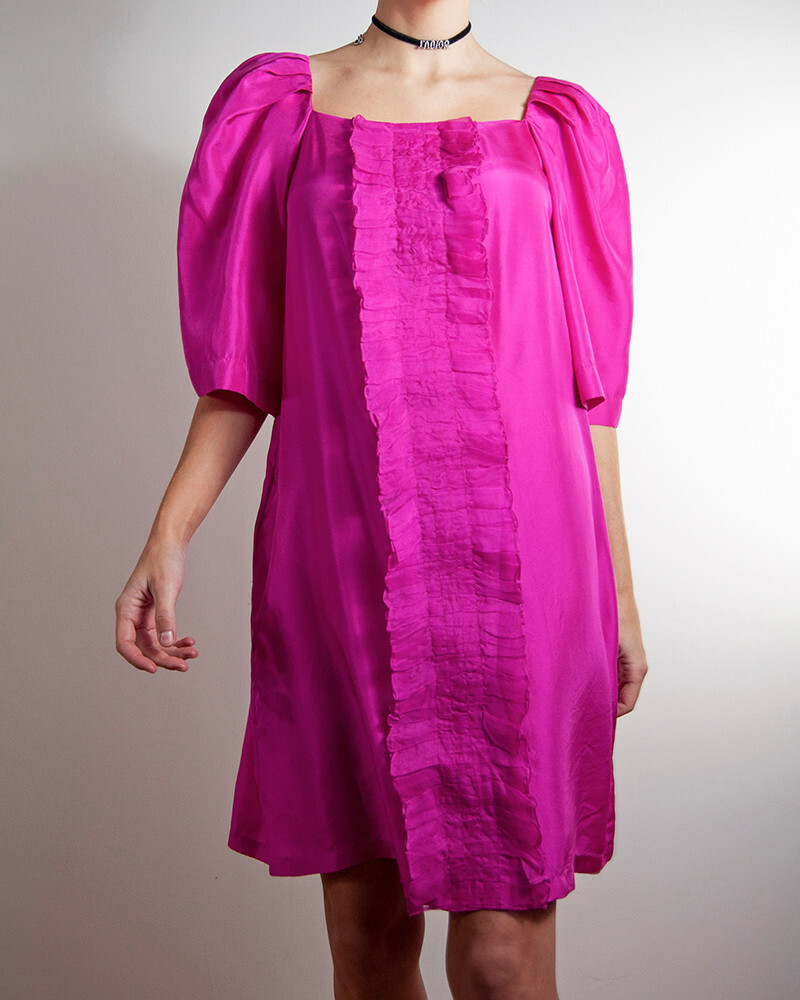ARMANI EXCHANGE Size FR 42 Fuchsia pink silk dress balloon sleeve frills ruffles