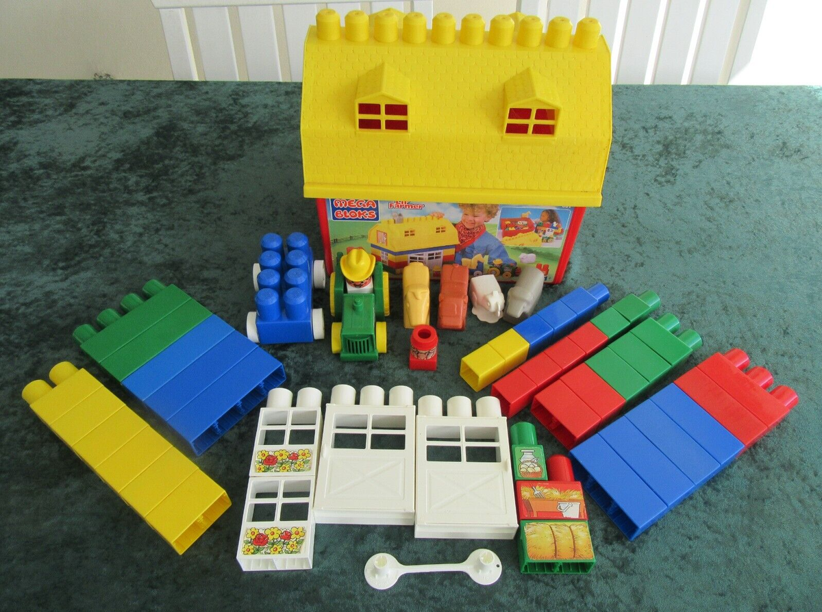 VINTAGE #601 MEGA BLOKS LIL' FARMER BUILDING SET W/ STORAGE BARN- 1994 50  PCS
