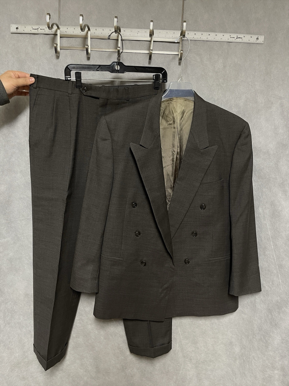Men Suit 42R Brown Textured Double Breasted Flannel 35X30 Pants Luxe Louis Roth