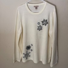 White Stag Women's Cream Snowflake Beaded Sequin Long Sleeve Sweater XL 16 18