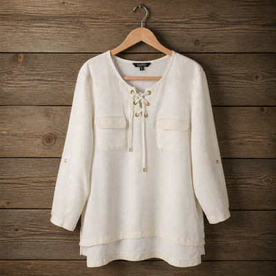 Company Ellen Tracy White Linen V Neck Lace-Up Blouse Boho Tunic Shirt Sz XXL