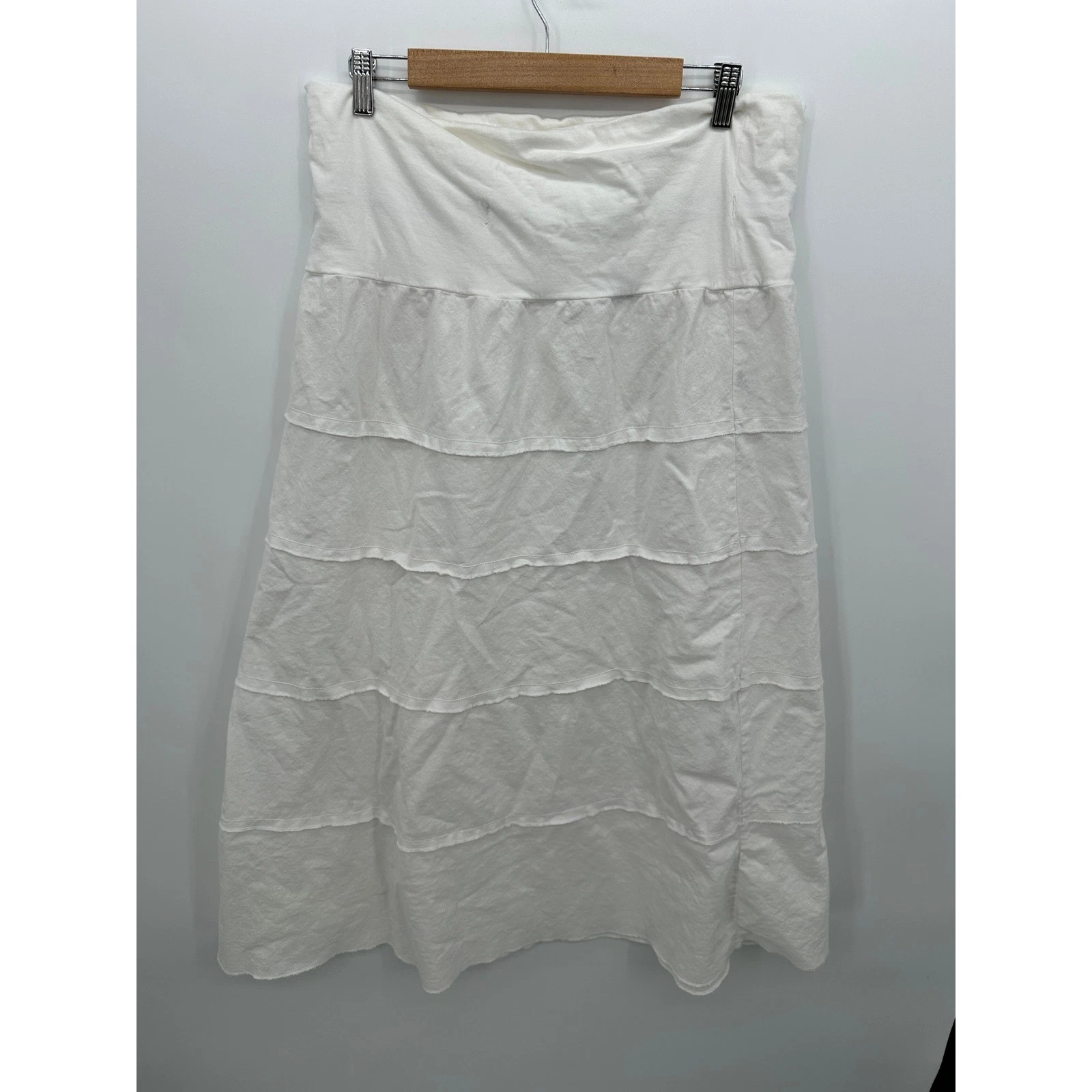 White Linen Cotton Tiered Midi Skirt Sz L Boho Coastal Lagenlook Sustainable