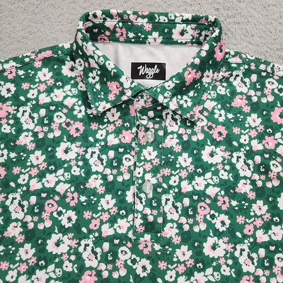 Waggle Polo Shirt Mens Medium Green Floral Stretch Short Sleeve Performance Golf