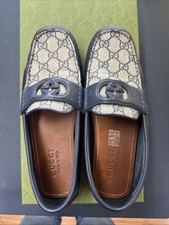 Authentic GUCCI MENS GG Blue Beige Leather Moccasins Loafers Size 7+,Used Twice
