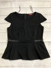 Elle Peplum Top Womens Medium Short Sleeve Embellished Waist Stretch Fitted Shir