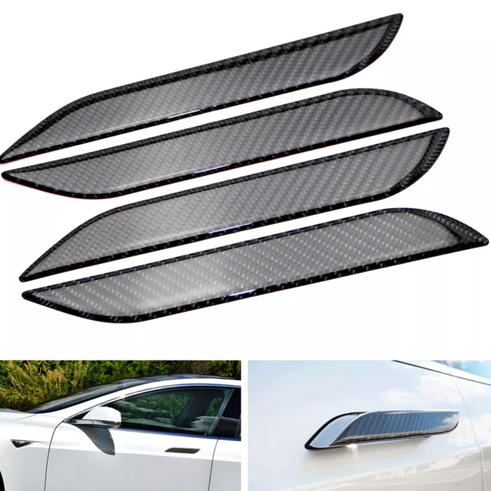 4pc Carbon Fiber Side Door Push Handle Decoration Cover Trims For 12-up Tesla S