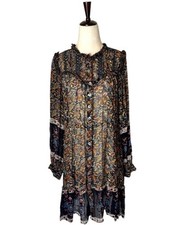 Sea New York Dress Women 2 Black Floral Print Sheer High Neck Button Front Mini
