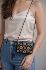 Black Velvet Zardozi Beaded Floral Embroidered Mini Clutch Crossbody Purse