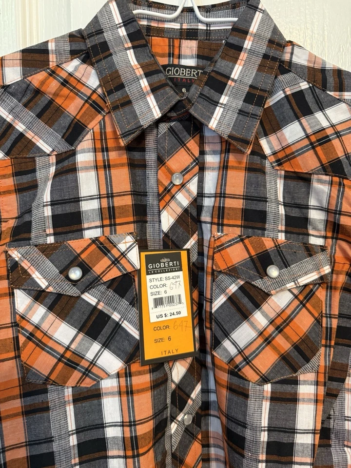 Camisa con botones a cuadros naranja y negra manga corta para niños talla 6 nueva con etiquetas Foto 2 de 4