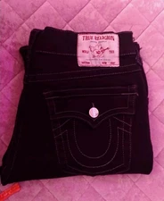 Men's True Religion Black Ricky Relaxed Straight Flap Jeans Size 34