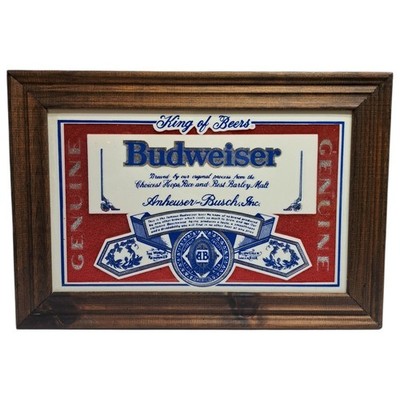Vintage Budweiser Beer Wood Framed Bar Sign Decor Plastic Foil 19 x 13 80's 