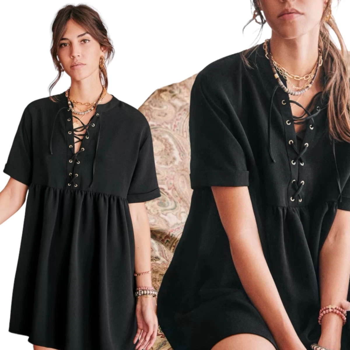 Sezane Theodora Black Dress Size EU 36 AU 8 Lace Up Mini Short Sleeve Shift