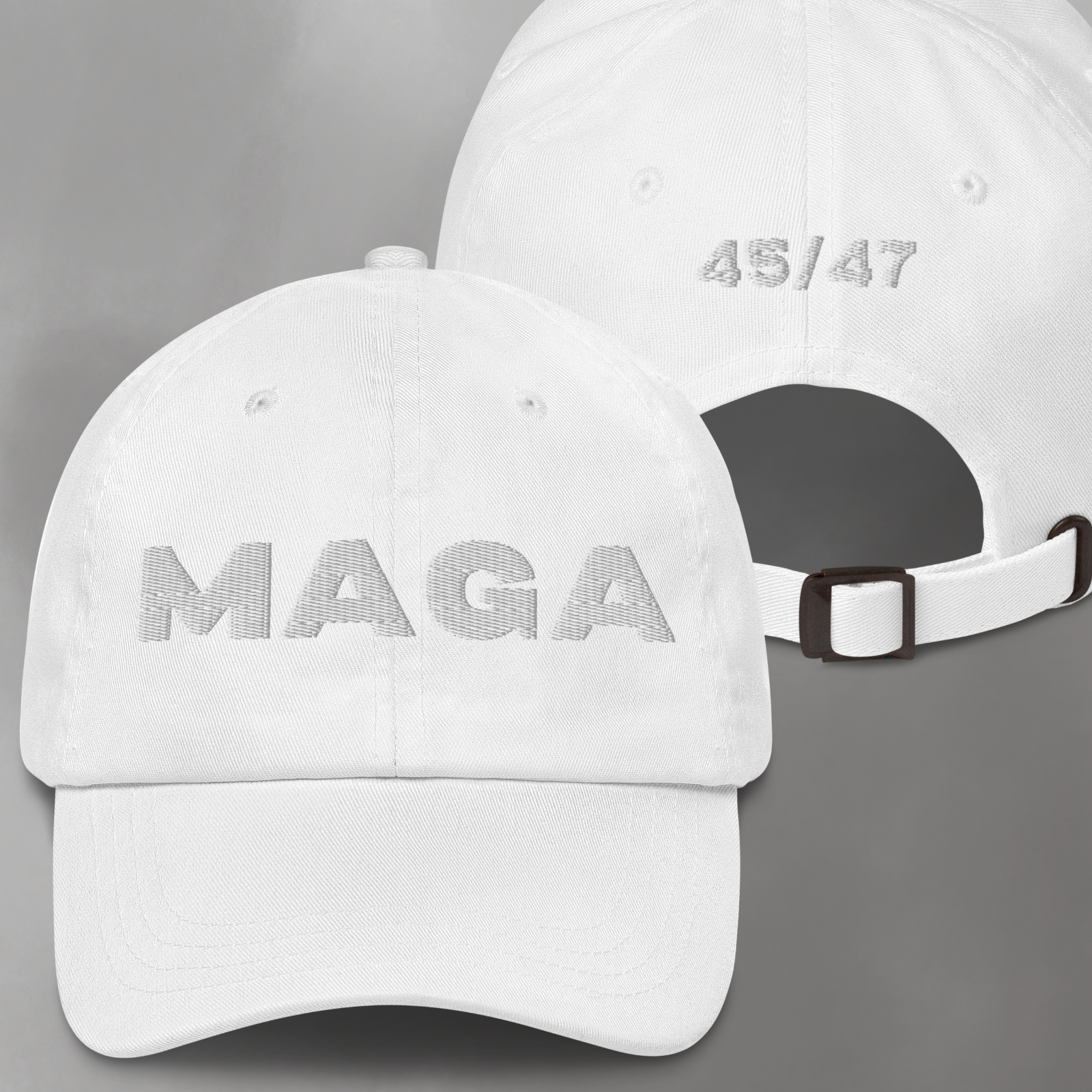 UNIQUE White-Out MAGA Hat. Front/Back, 3D Embroidered. USA Made. Trump Political