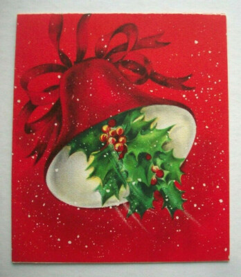 40's 50's Red bell with holly Hallmark Vintage Christmas greeting card *E1