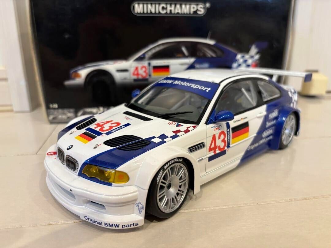 1/18 MINICHAMPS BMW M3 GTR ELMS 2001 winner #43 White Blue w 1/18 MINICHAMPS BMW M3 GTR ELMS 2001 winner #43 White Blue w